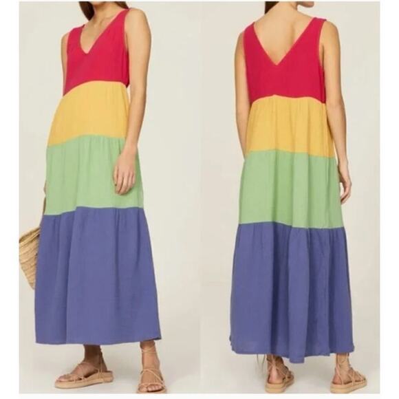 Marine Layer Corinne Dress Sleeveless Tiered Maxi Rainbow Colorblock NWT XL - Picture 1 of 7